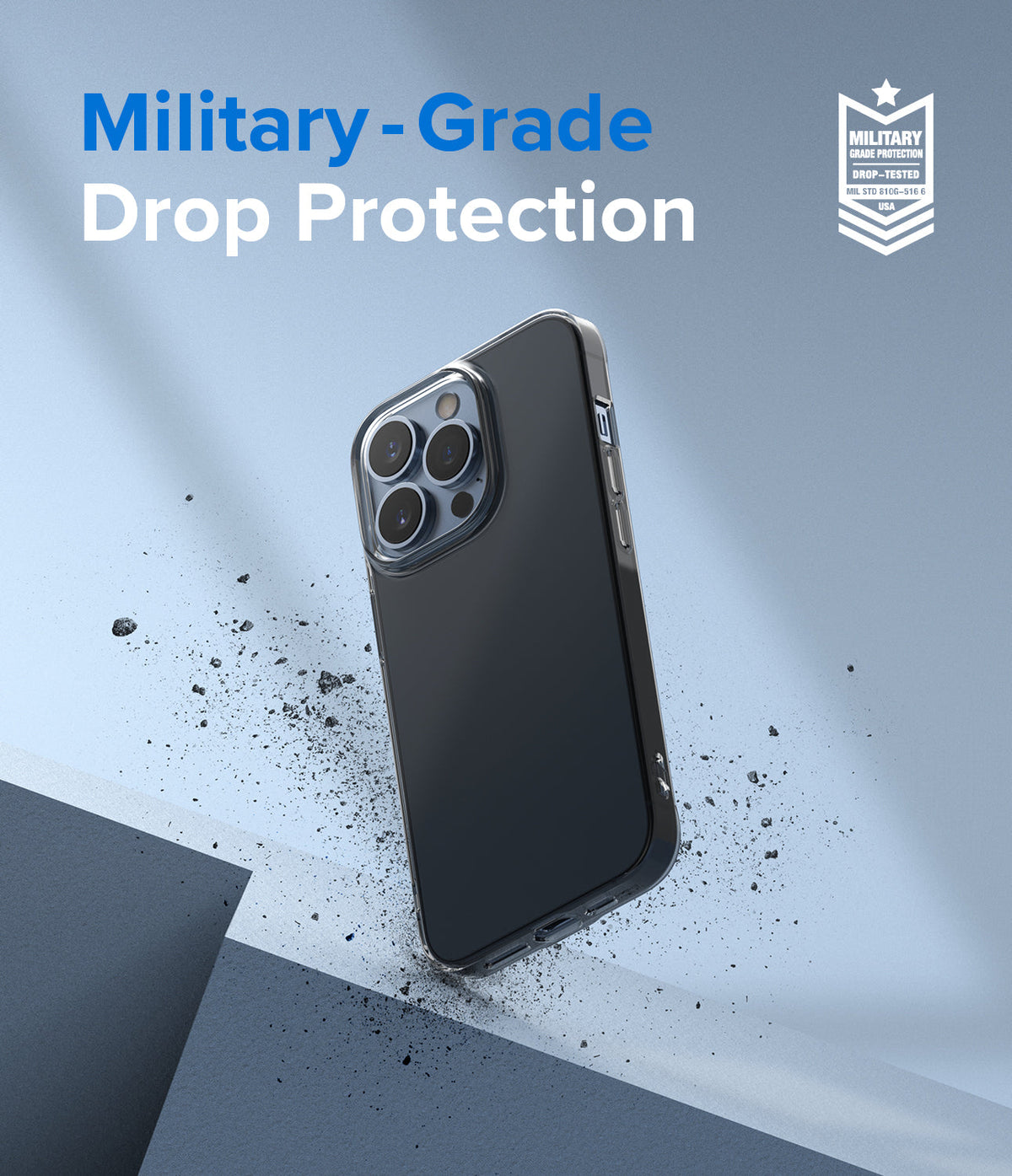 iPhone 13 Pro Case | Air - Clear phone case floating above a surface with debris, featuring military-grade drop protection text.