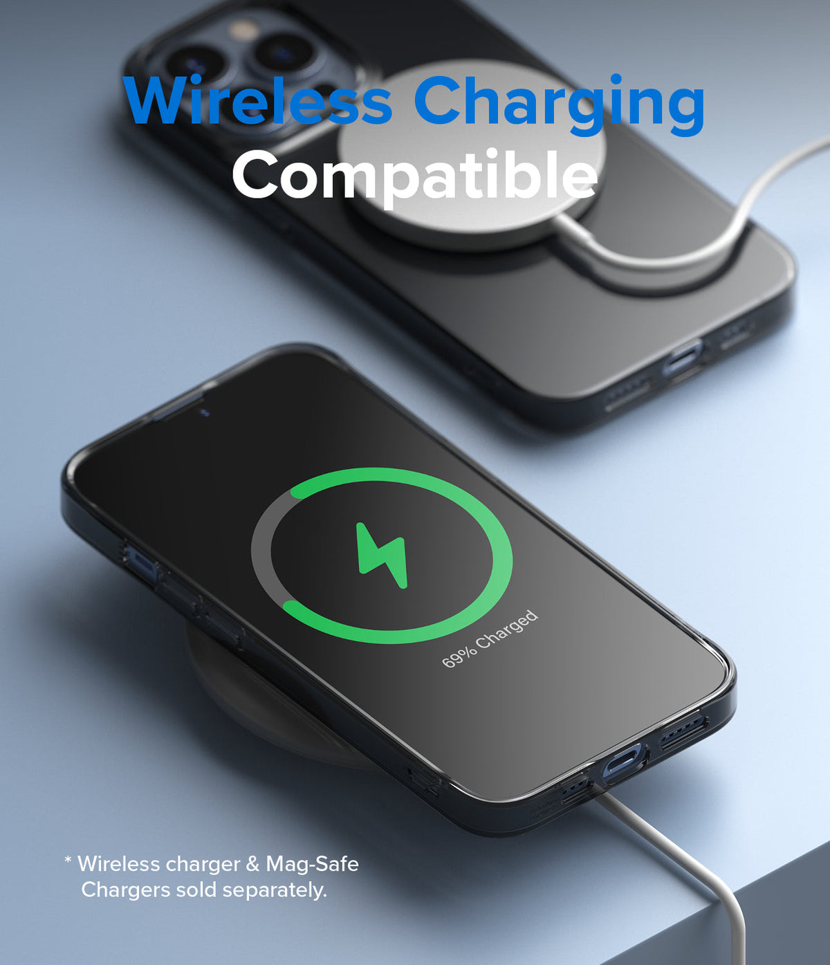iPhone 13 Pro Case | Air - Two iPhones in cases charging wirelessly on a blue surface with a 69% battery indicator.