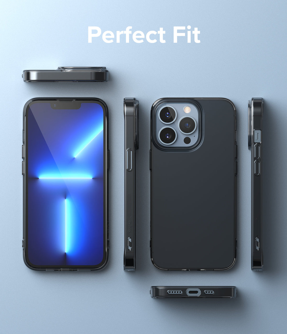 iPhone 13 Pro Case | Air - Multiple views of a black iPhone 13 Pro in a slim, transparent case on a light blue background.