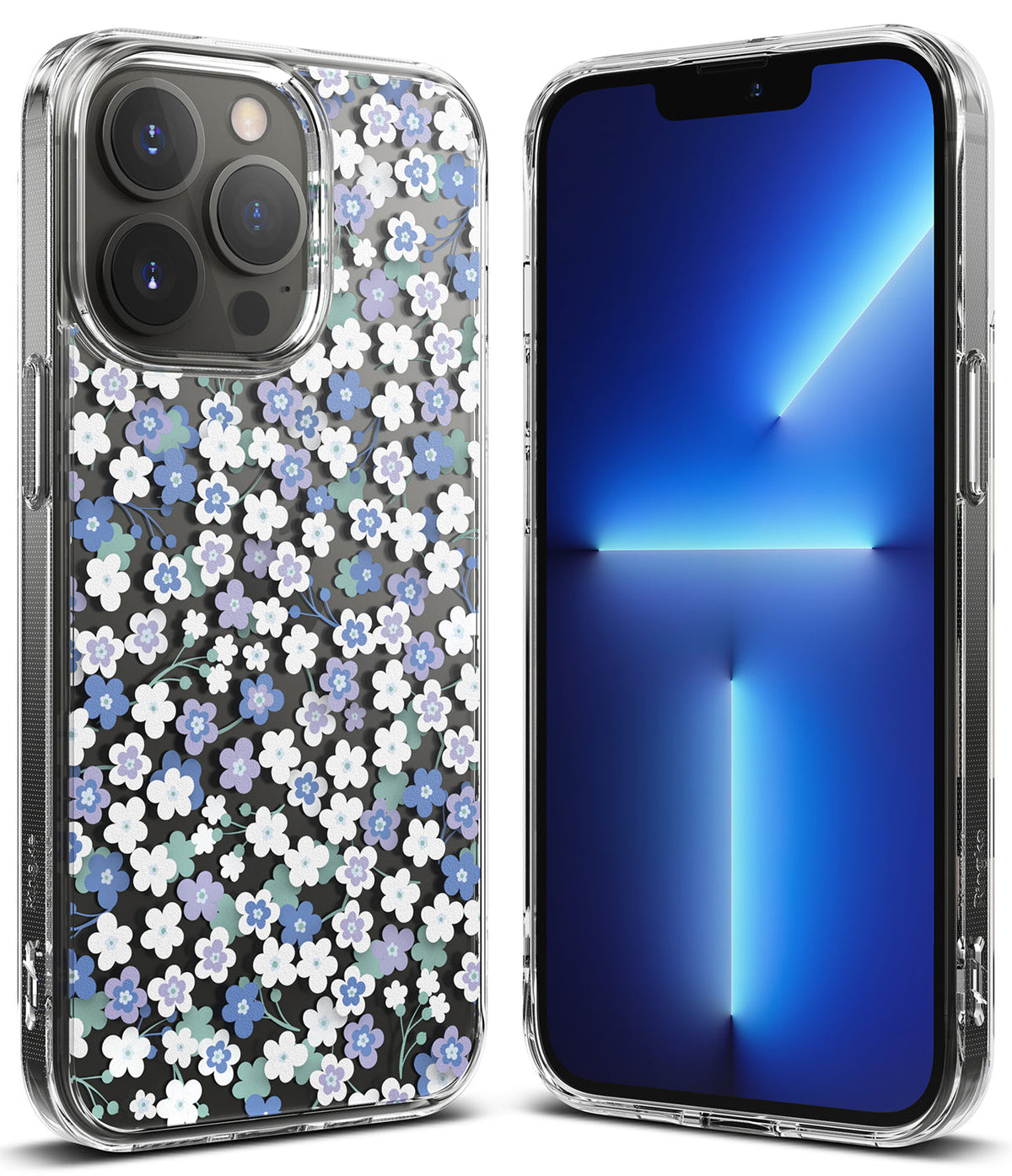 iPhone 13 Pro Case | Fusion Design - Clear phone case with a blue and white floral pattern, shown from back and front.