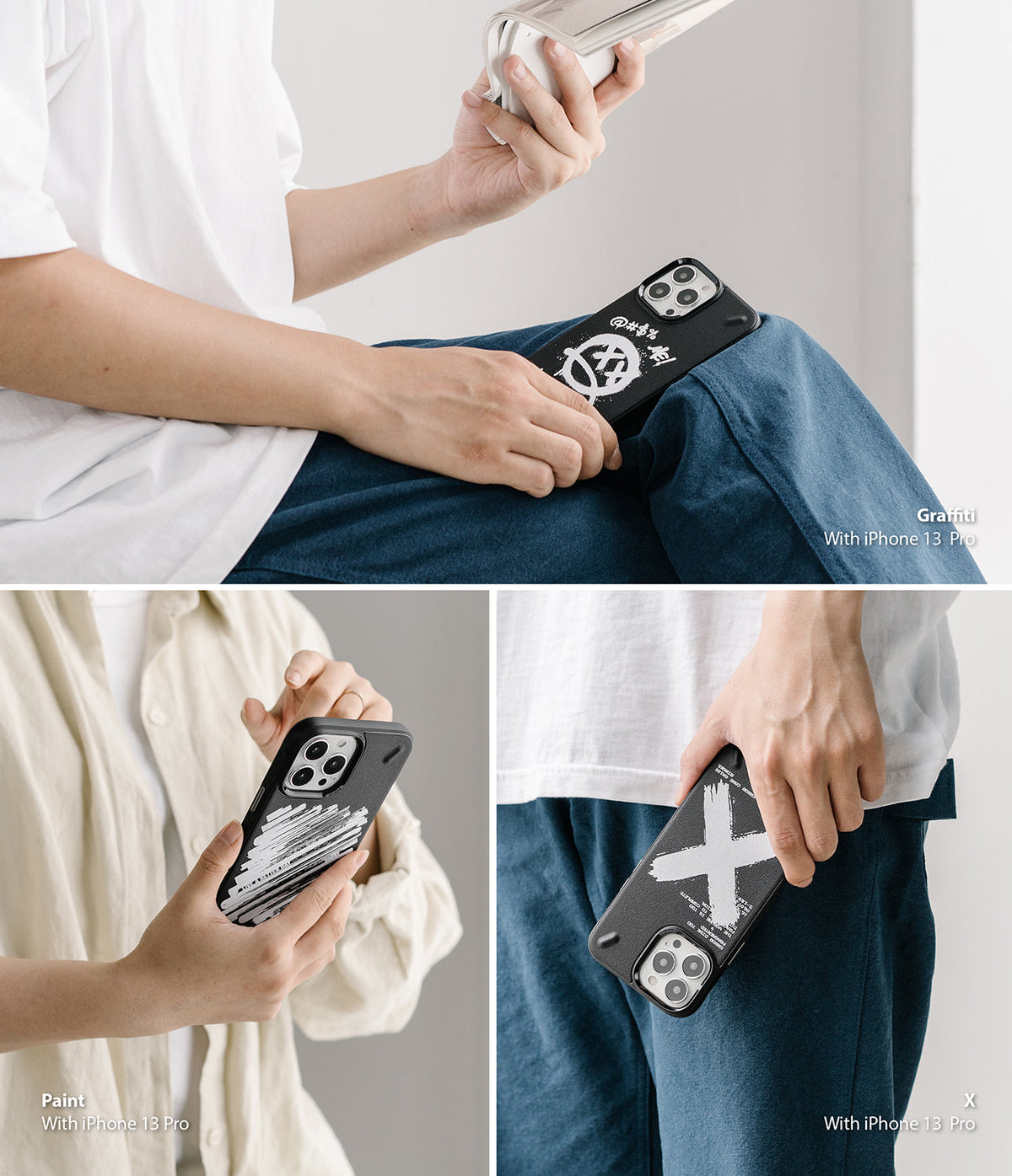 iPhone 13 Case | Onyx Design - Three views of black iPhone 13 Pro cases featuring white graffiti, paint stroke, and X designs.
