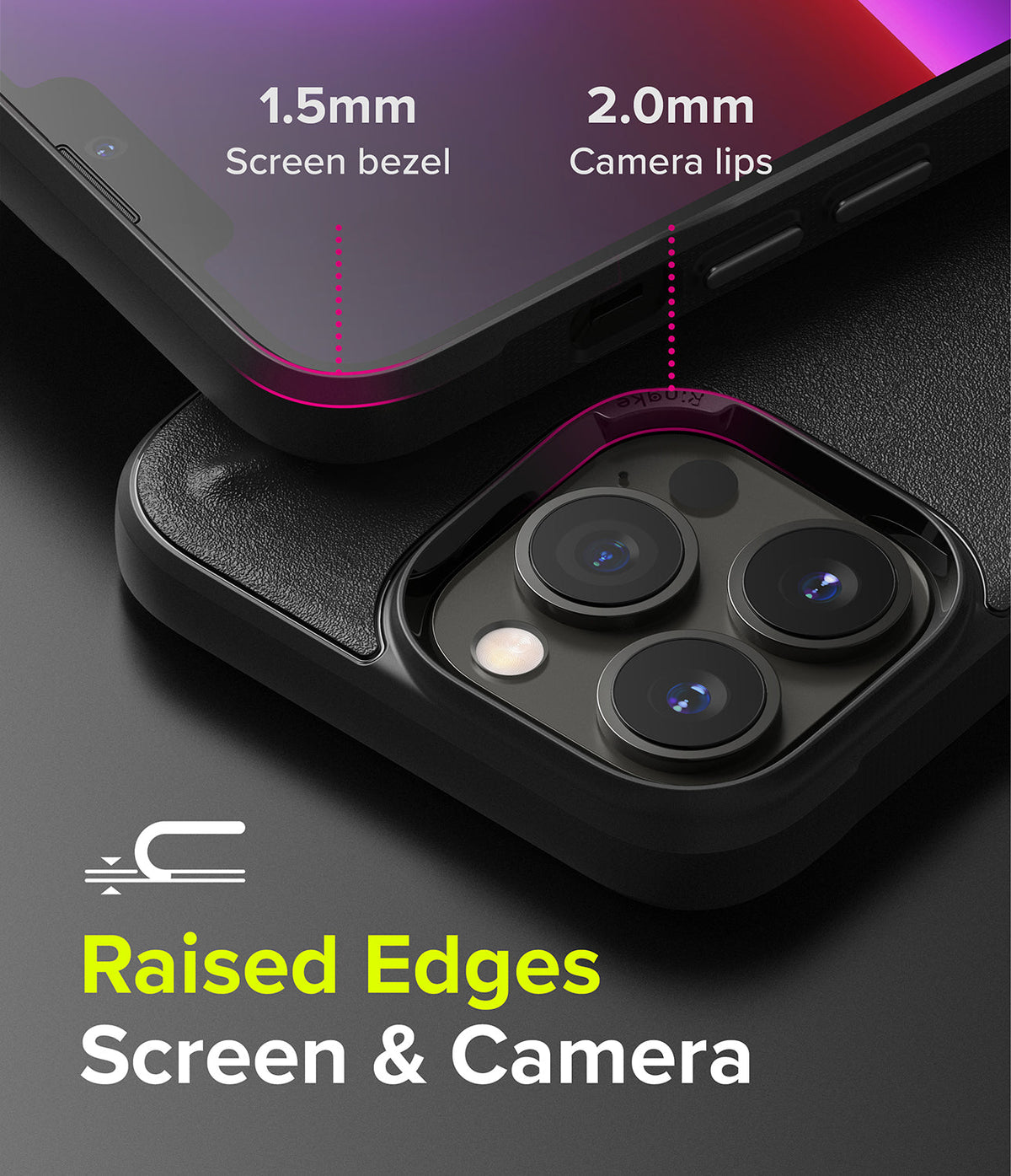 iPhone 13 Pro Case | Onyx - Close-up of phone case showing 1.5mm screen bezel and 2.0mm camera lips for raised protection.