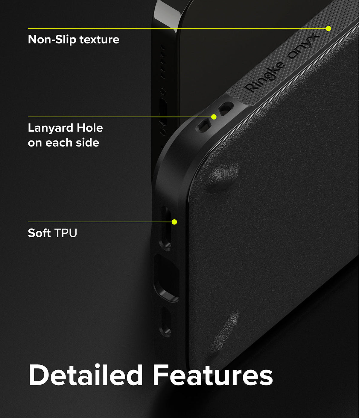 iPhone 13 Pro Case | Onyx - Close-up of black phone case highlighting non-slip texture, lanyard holes, and soft TPU material.