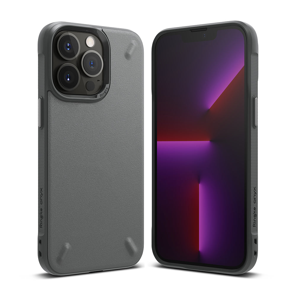iPhone 13 Pro Case | Onyx - Matte black textured phone case shown from back and front angles on a white background.