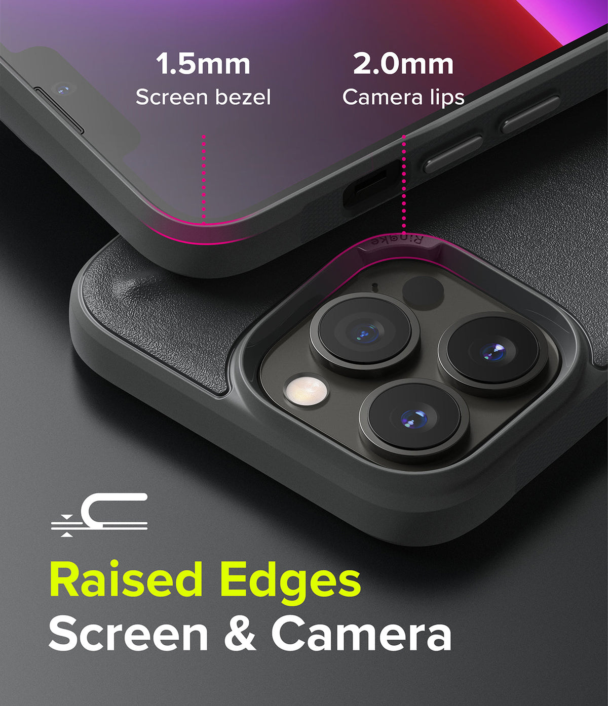 iPhone 13 Pro Case | Onyx - Close-up of phone case showing 1.5mm screen bezel and 2.0mm raised camera lips for protection.