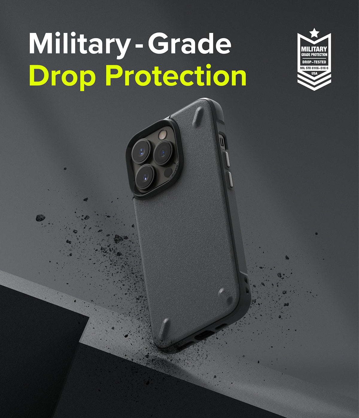 iPhone 13 Pro Case | Onyx - Black phone case with textured back and military-grade drop protection badge on grey background.