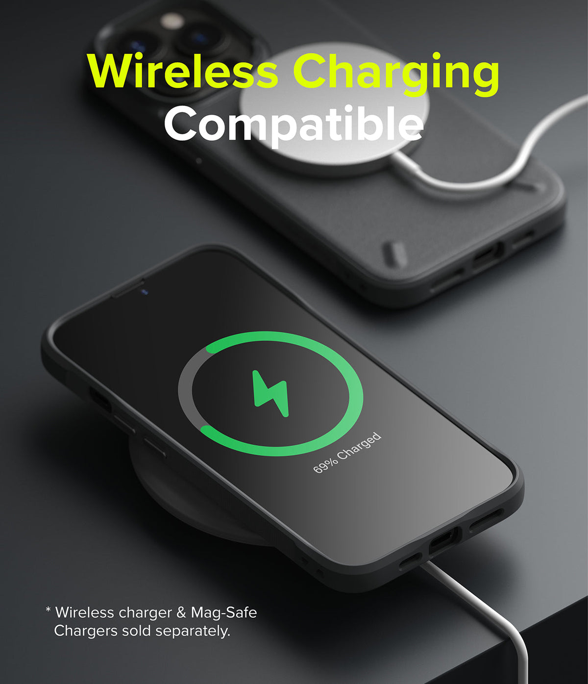 iPhone 13 Pro Case | Onyx - Black phone case on a wireless charger showing a green charging icon and 69% battery level.