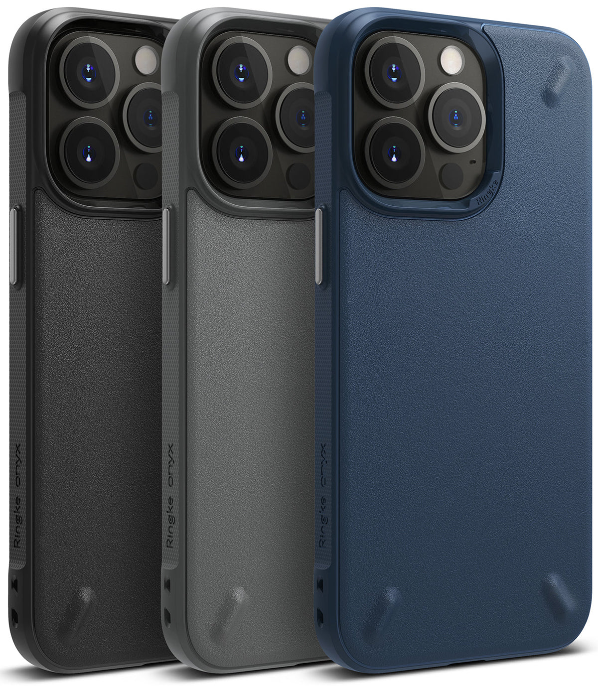 iPhone 13 Pro Case | Onyx - Three textured smartphone cases in black, gray, and navy blue with triple-lens camera cutouts.