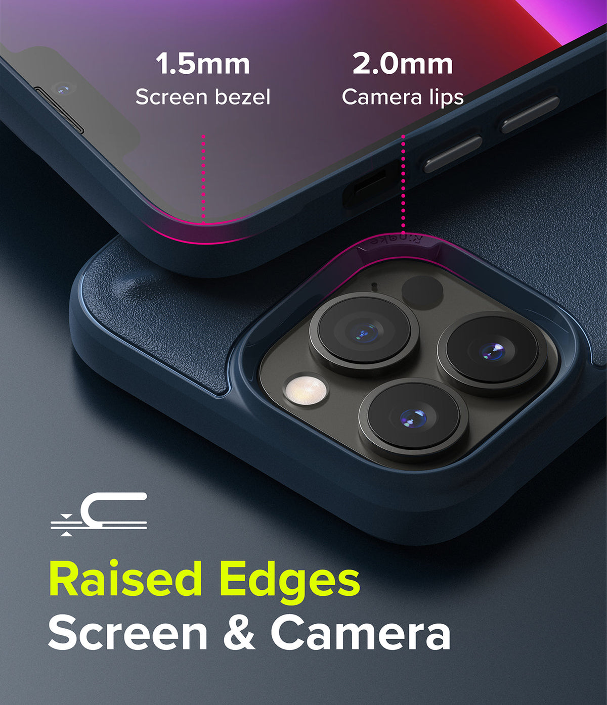 iPhone 13 Pro Case | Onyx - Close-up showing 1.5mm screen bezel and 2.0mm camera lips for raised edge protection.