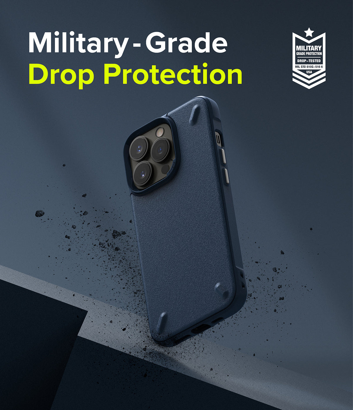 iPhone 13 Pro Case | Onyx - Dark blue phone case with military-grade drop protection badge against a textured background.