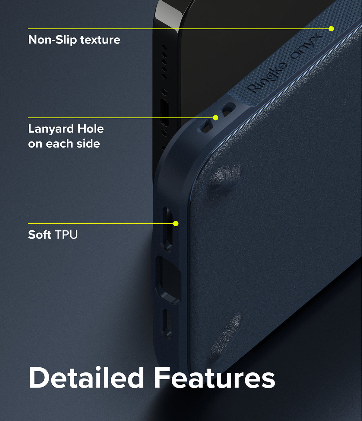 iPhone 13 Pro Case | Onyx - Close-up of navy phone case highlighting non-slip texture, lanyard holes, and soft TPU material.