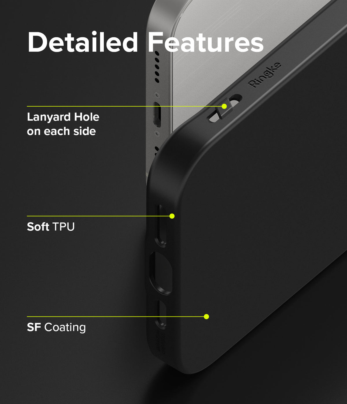 iPhone 13 Case | Air-S - Close-up of black phone case highlighting lanyard holes, soft TPU material, and SF coating features.