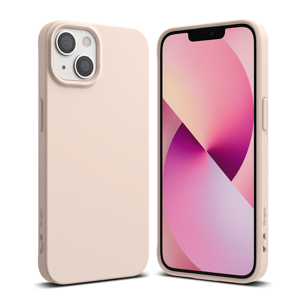 iPhone 13 Case | Air-S - Matte beige iPhone 13 case shown from back and front with a pink abstract wallpaper on the screen.