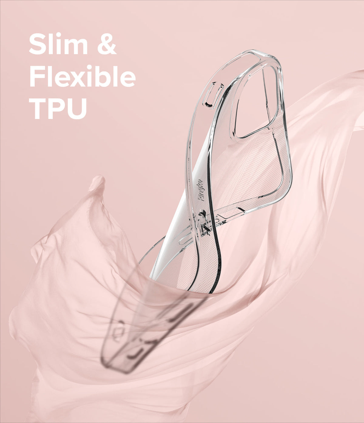 iPhone 13 Case | Air - Clear TPU phone case floating against a soft, flowing pink fabric background.