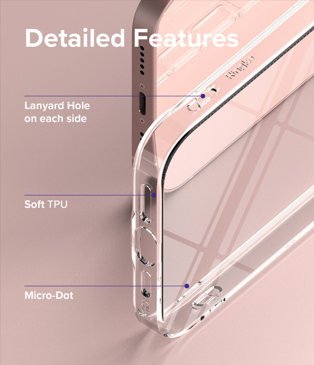 iPhone 13 Case | Air - Close-up of clear phone case highlighting lanyard holes, soft TPU material, and micro-dot texture.