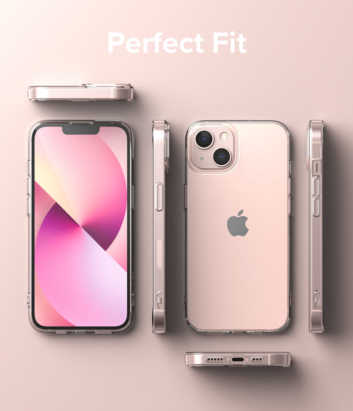 iPhone 13 Case | Air - Multiple views of a clear iPhone 13 case on a pink phone against a matching pastel background.