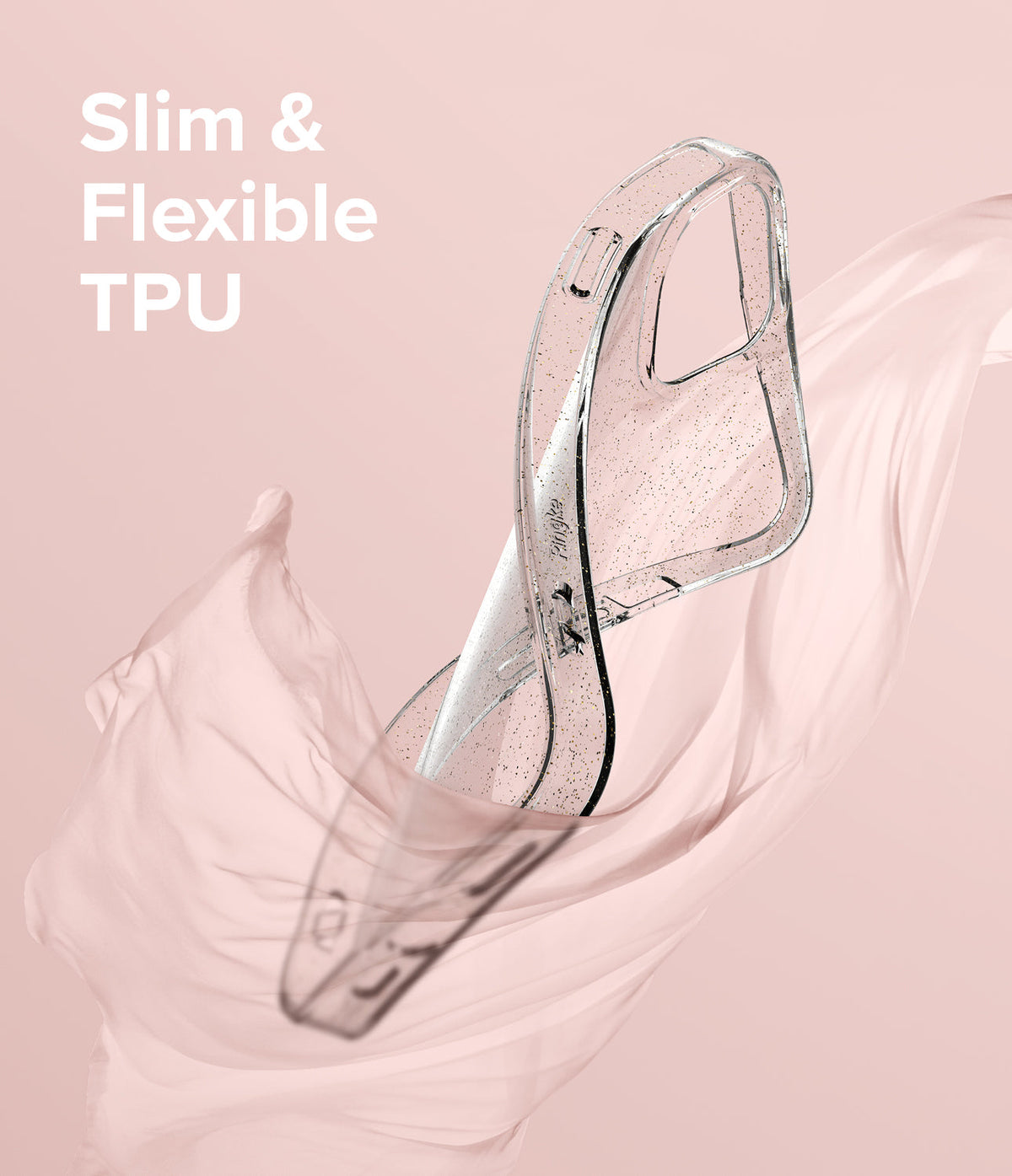 iPhone 13 Case | Air - A clear, glittery phone case wrapped in flowing pink fabric against a soft pink background.