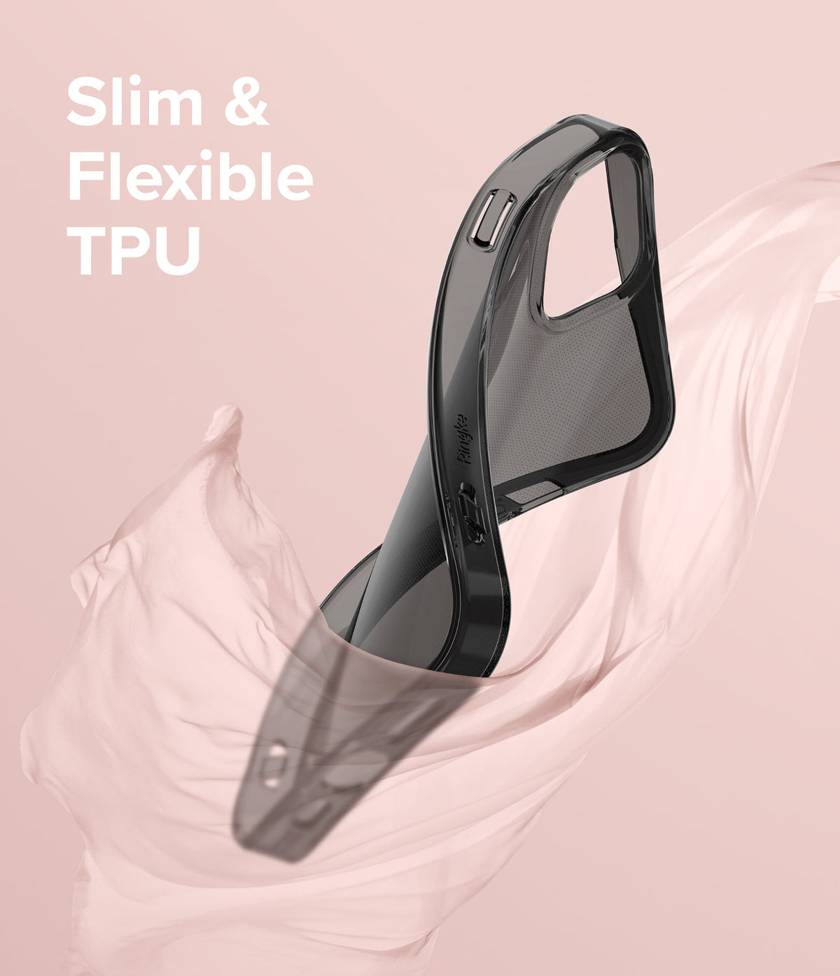 iPhone 13 Case | Air - A flexible, translucent black phone case floating amidst soft, flowing pink fabric.