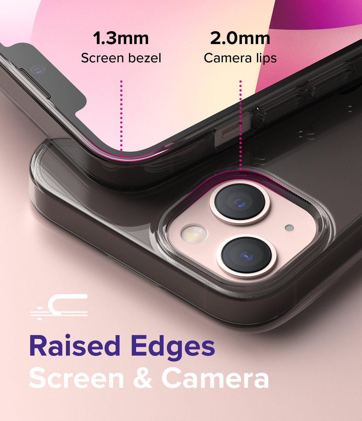 iPhone 13 Case | Air - Close-up of phone case showing 1.3mm screen bezel and 2.0mm camera lips for raised edge protection.