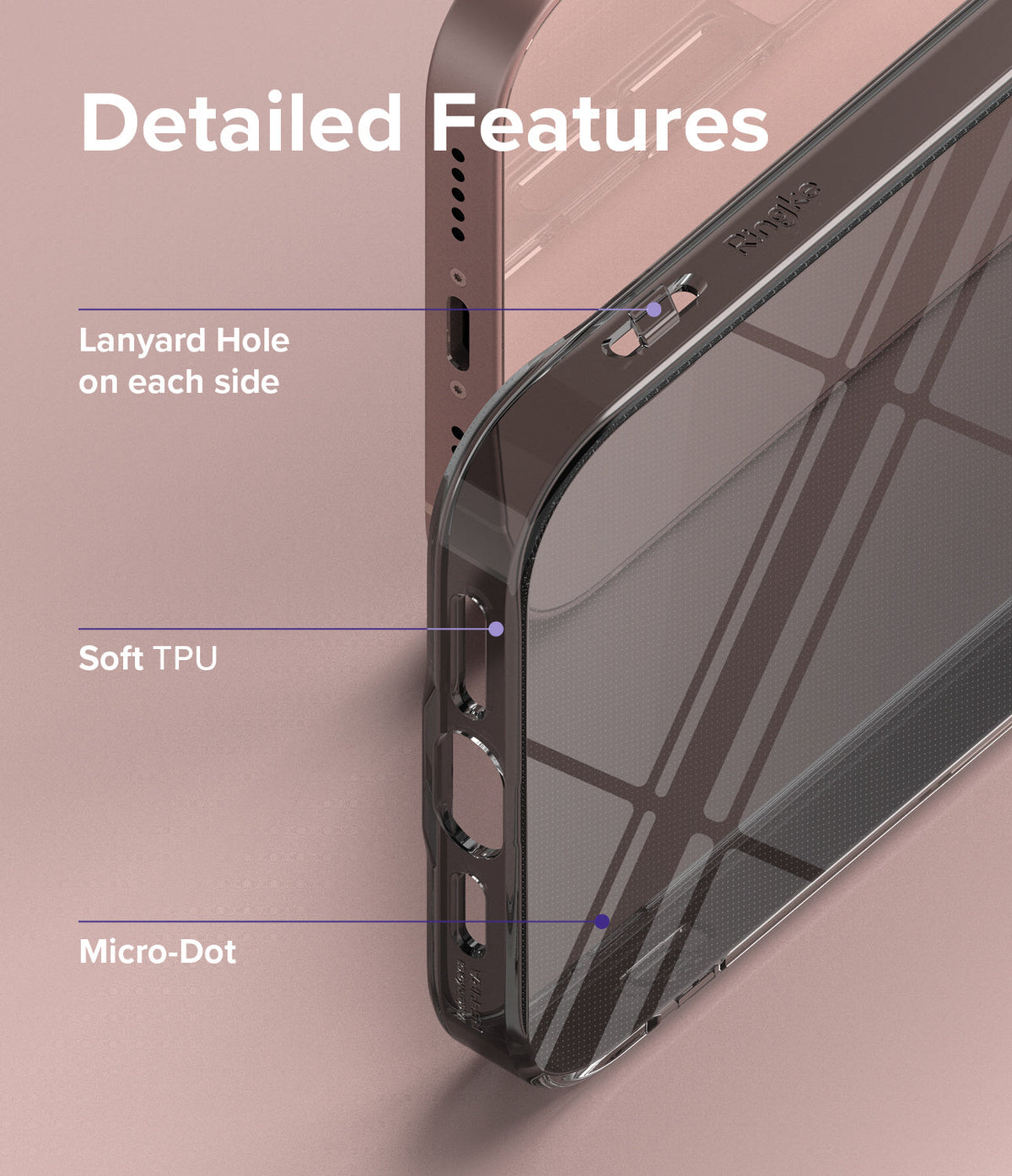 iPhone 13 Case | Air - Close-up of phone case highlighting lanyard holes, soft TPU material, and micro-dot texture.