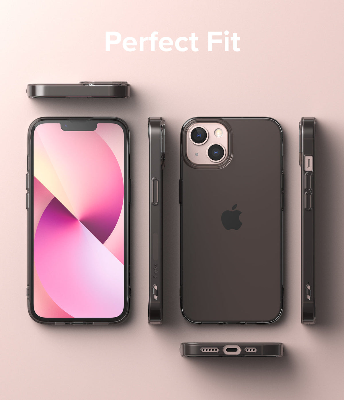 iPhone 13 Case | Air - Multiple views of a clear iPhone 13 case on a pink background showing precise cutouts and fit.
