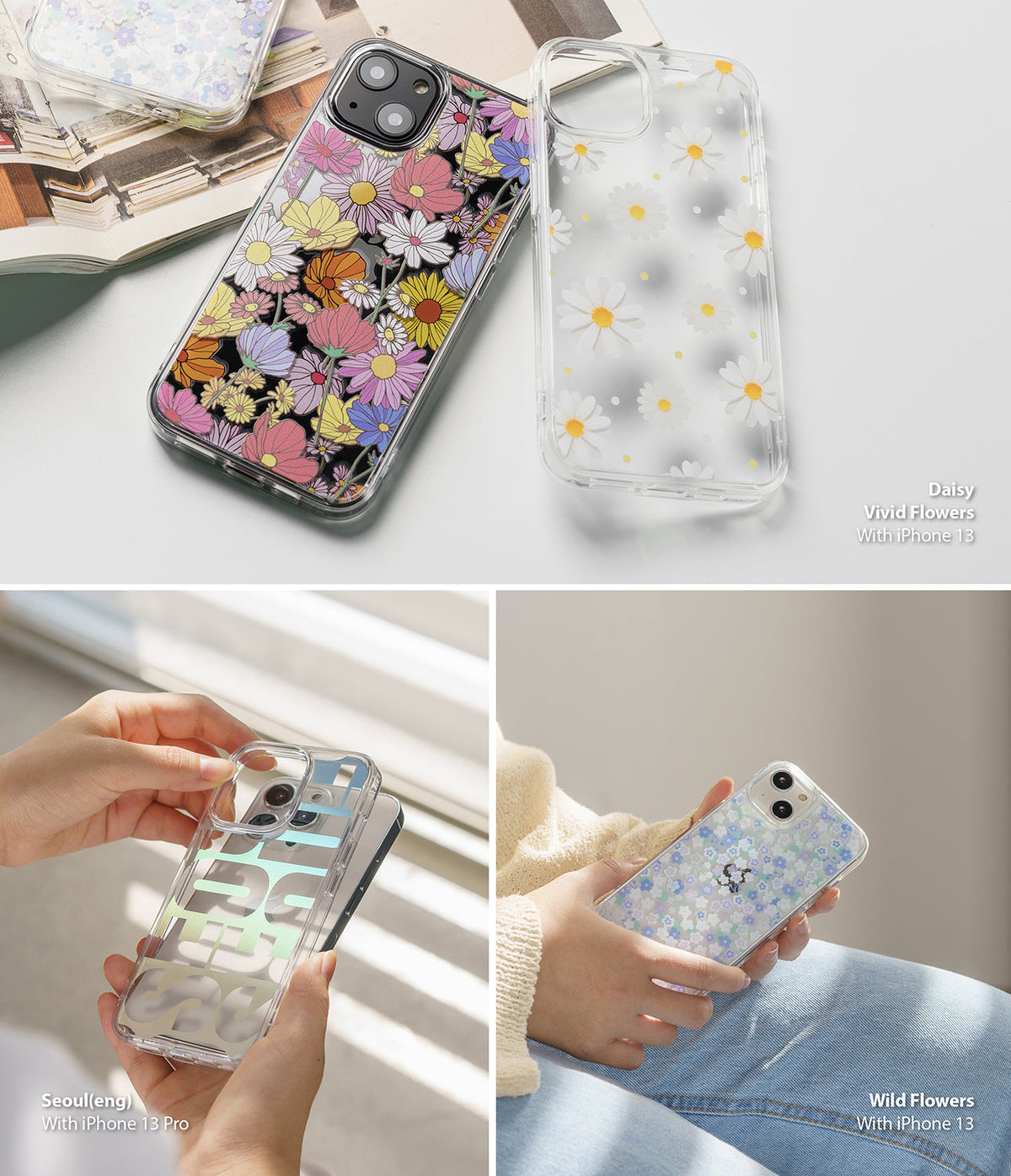 iPhone 13 Case | Fusion Design - Three views of clear iPhone cases featuring floral and typographic designs held by hands.