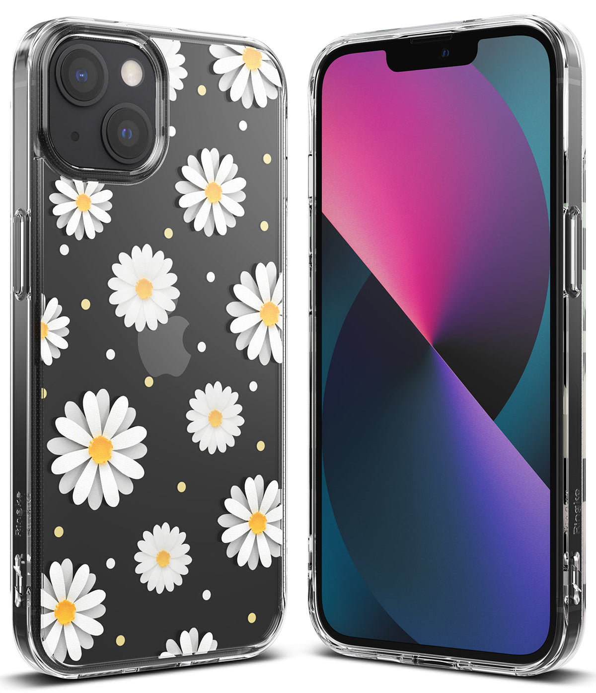 iPhone 13 Case | Fusion Design - Clear phone case with white daisy pattern and yellow dots on the back, shown from front and back.