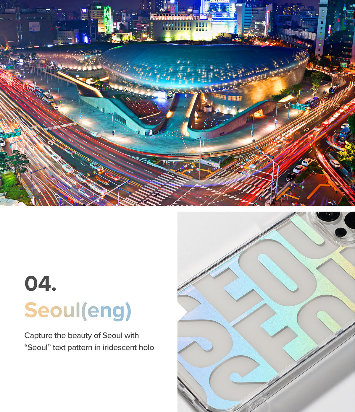 iPhone 13 Case | Fusion Design - Clear phone case featuring an iridescent holographic Seoul text pattern over a night city.