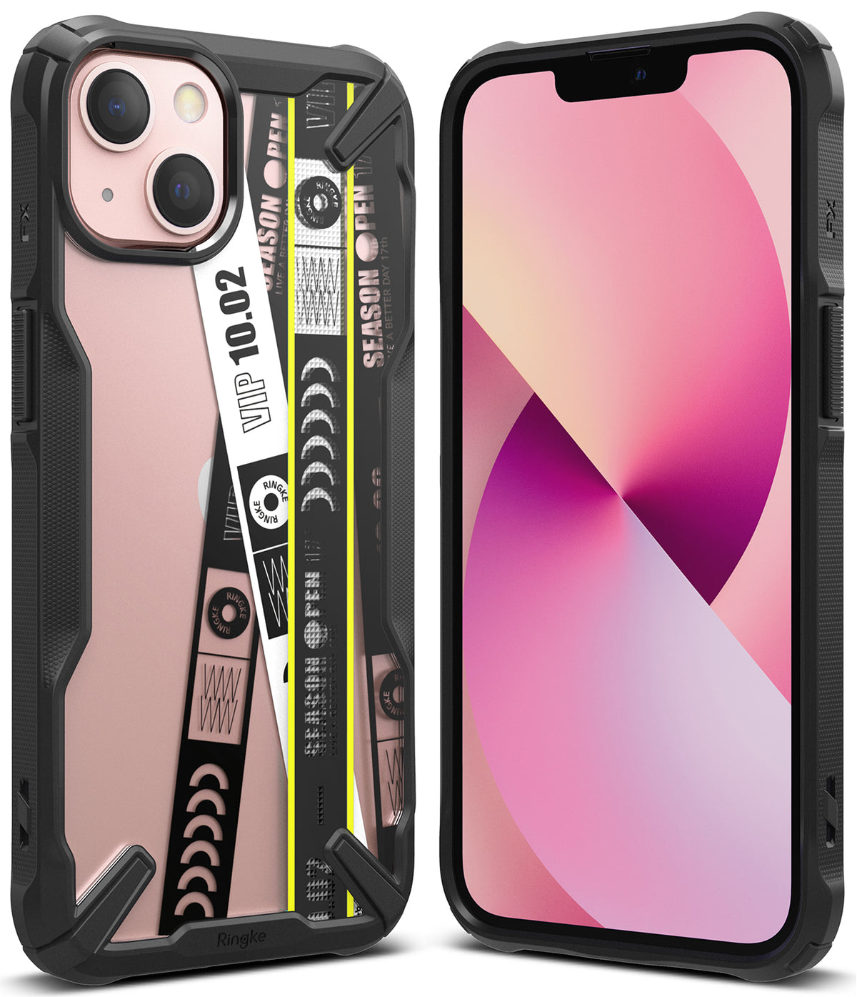 iPhone 13 Case | Fusion-X Design - Ticket Band - Rugged black case with a pink phone and ticket-themed graphic back.