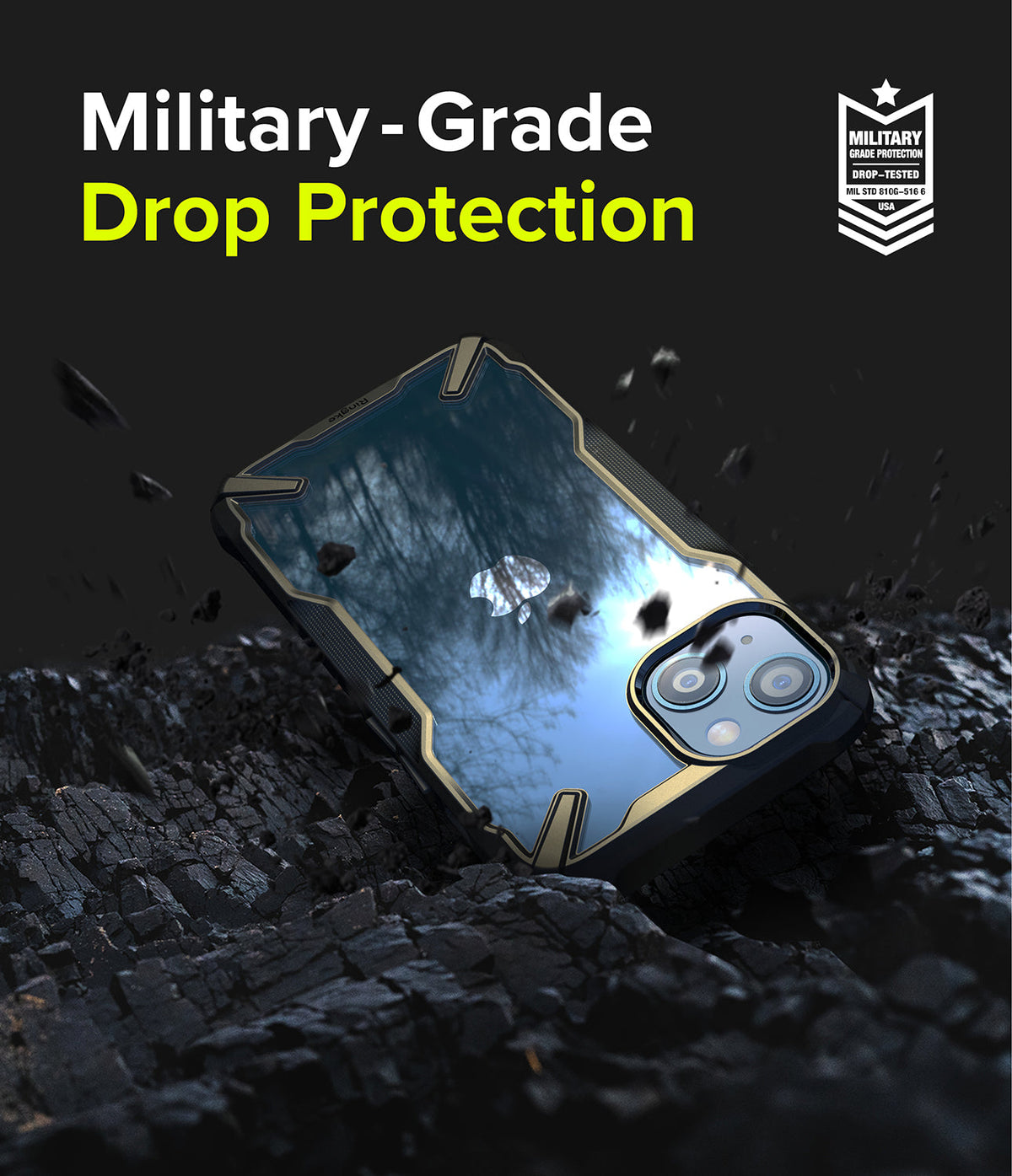 iPhone 13 Case | Fusion-X - Rugged phone case on dark, rocky ground with military-grade drop protection text and badge.