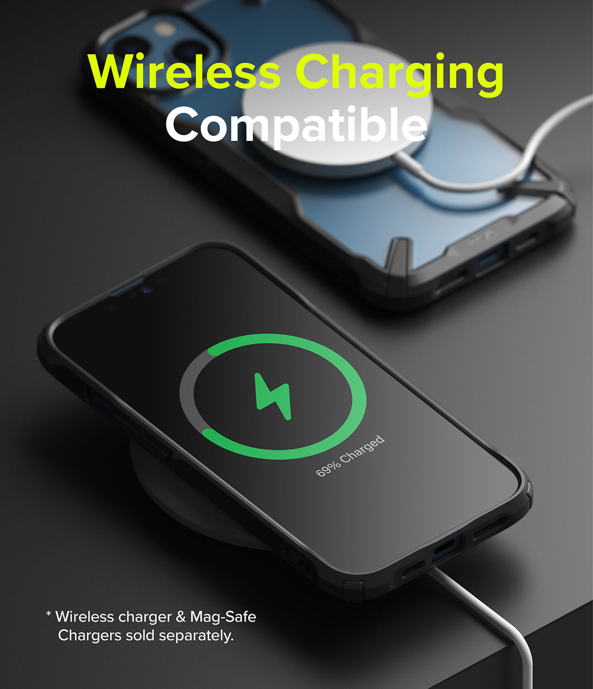 iPhone 13 Case | Fusion-X - iPhone 13 in a black Fusion-X case wirelessly charging with a 69% battery indicator on the screen.