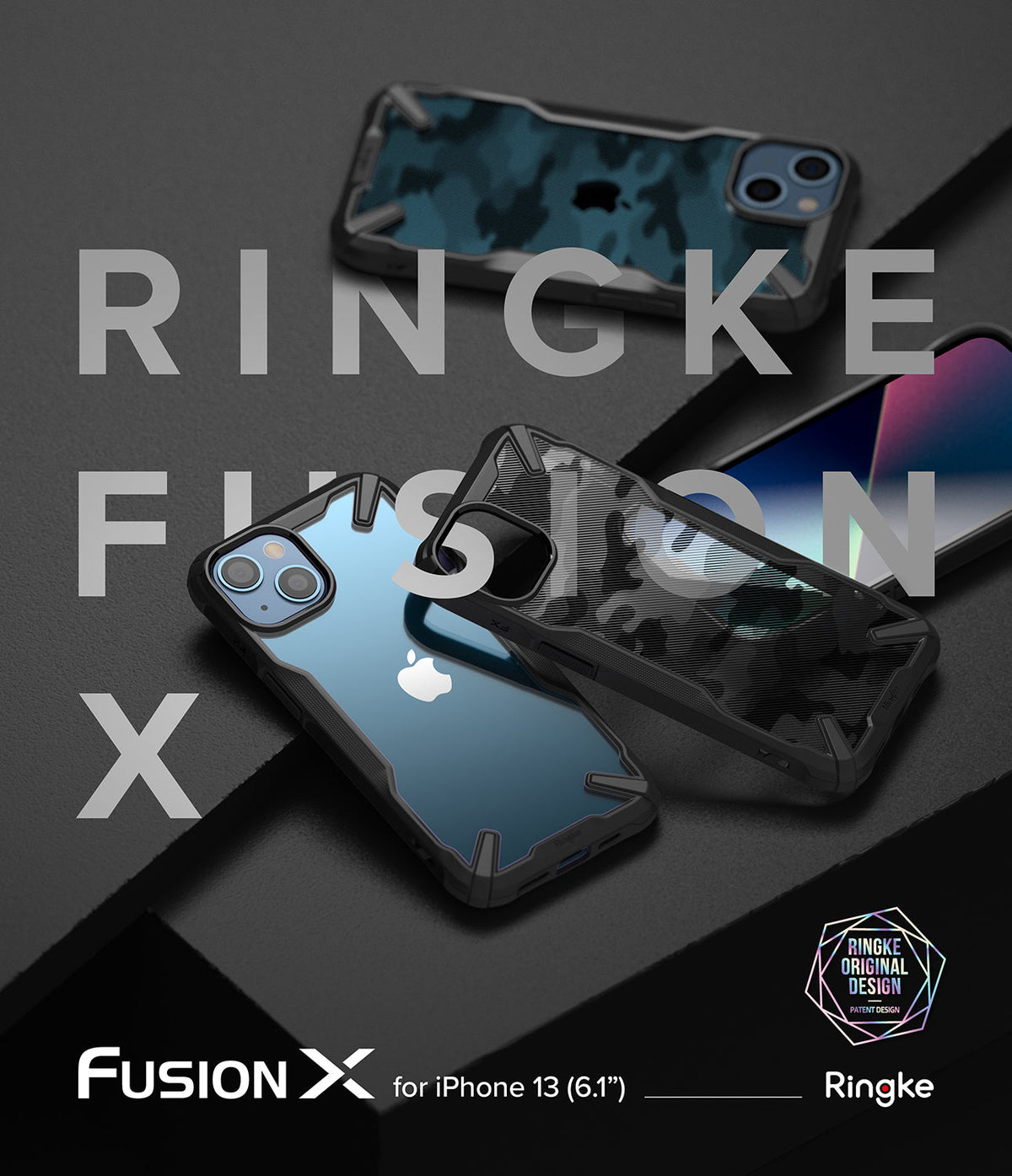 iPhone 13 Case | Fusion-X - Multiple iPhone 13 Fusion-X cases with camo and clear designs arranged on a dark surface.