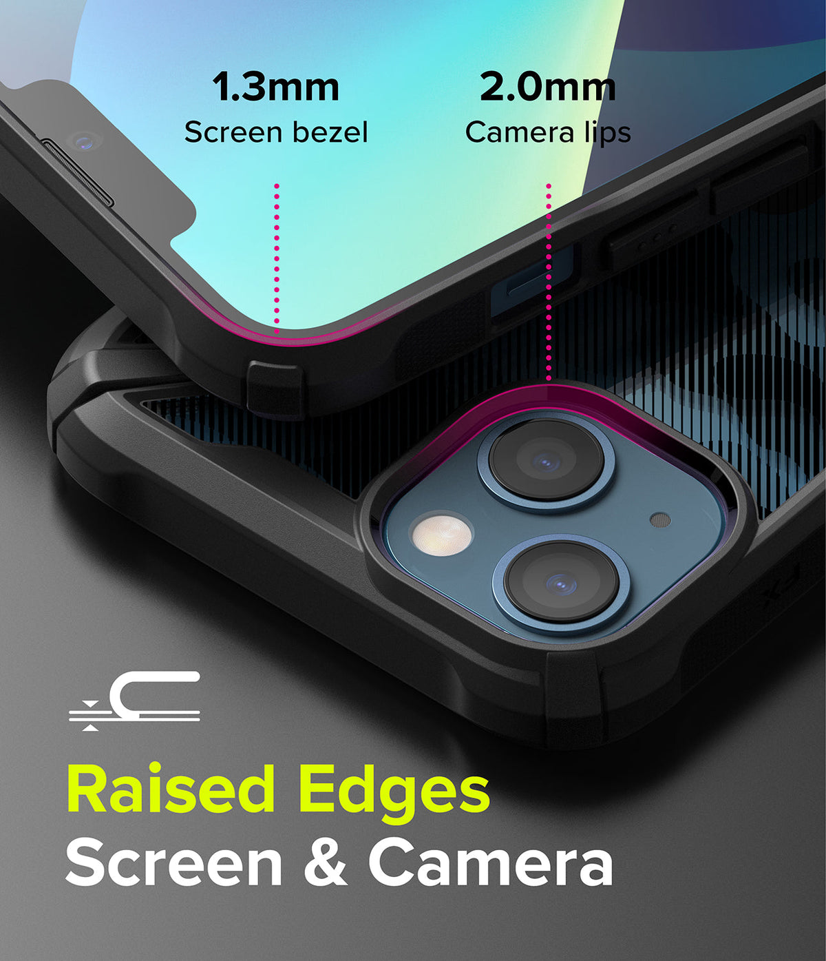 iPhone 13 Case | Fusion-X - Close-up of phone case showing 1.3mm screen bezel and 2.0mm camera lip protection.
