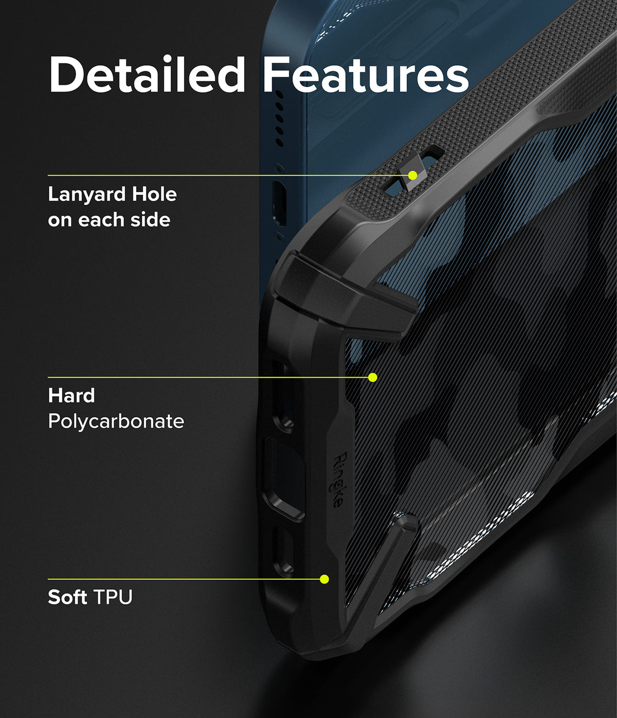 iPhone 13 Case | Fusion-X - Diagram highlighting lanyard holes, hard polycarbonate, and soft TPU features on a phone case.