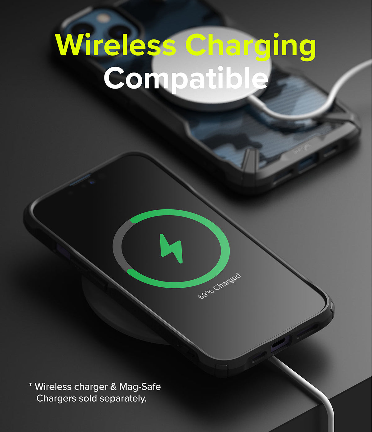 iPhone 13 Case | Fusion-X - iPhone 13 in a camo Fusion-X case wirelessly charging with a MagSafe charger and charging icon.