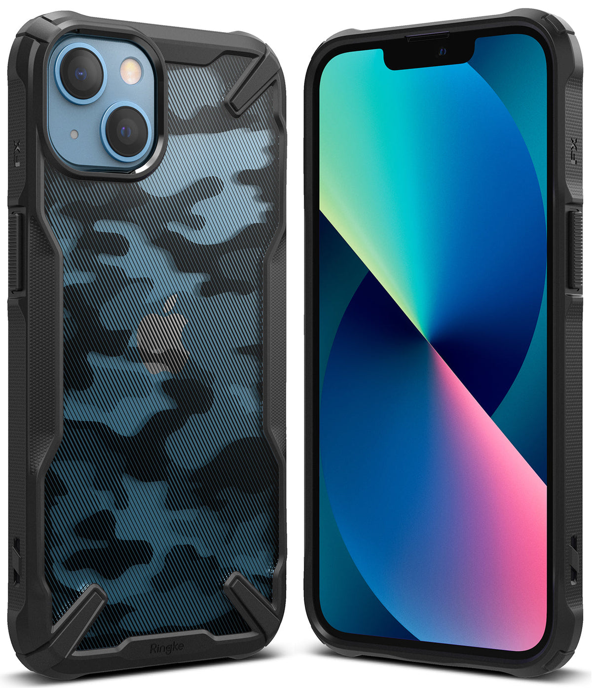 iPhone 13 Case | Fusion-X - Rugged black protective case with blue camo back and front view of iPhone 13 with colorful screen.
