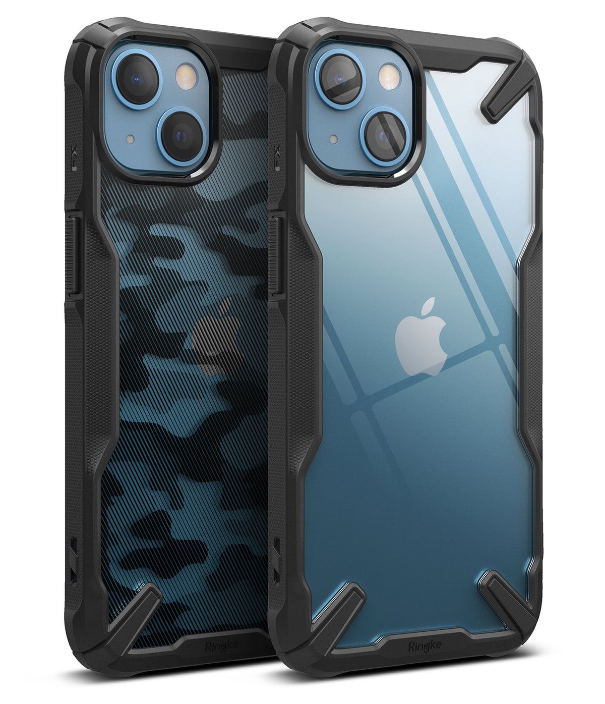 iPhone 13 Case | Fusion-X - Two blue iPhone 13s in clear and camo-patterned rugged black protective cases.