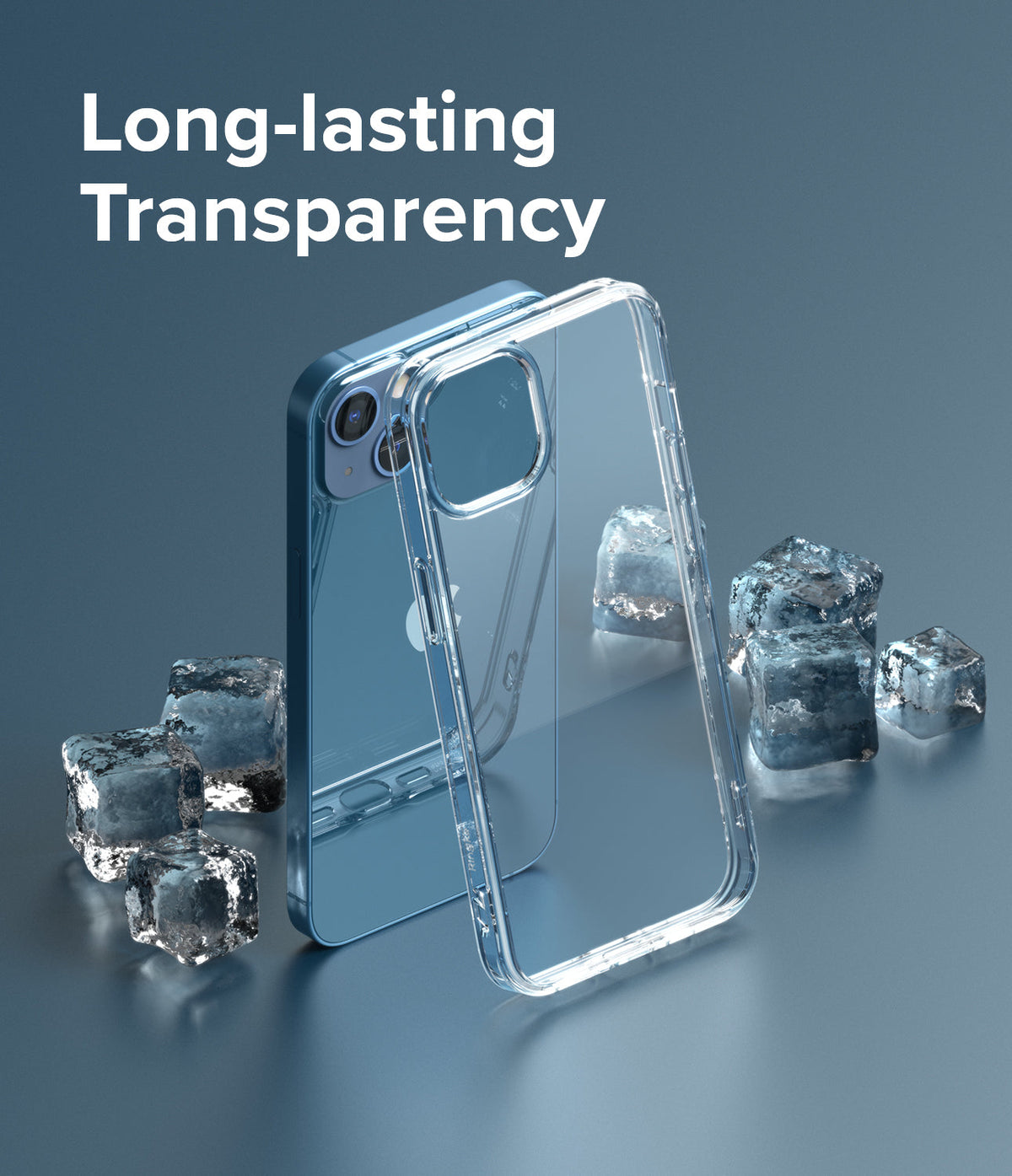 iPhone 13 Case | Fusion - Clear phone case standing next to a blue iPhone 13 surrounded by ice cubes on a blue background.