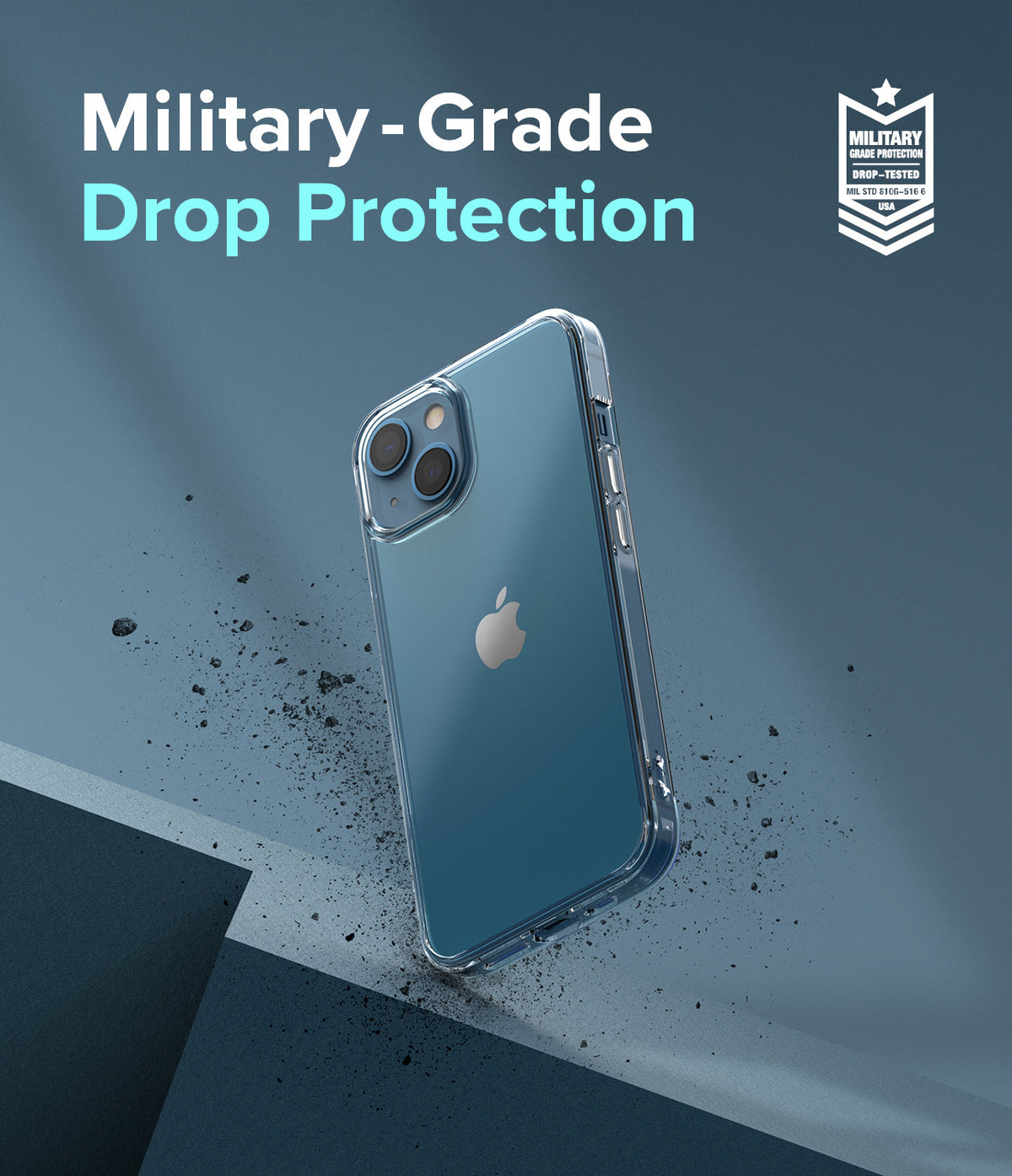 iPhone 13 Case | Fusion - Clear phone case on a blue iPhone 13 with military-grade drop protection text and badge.