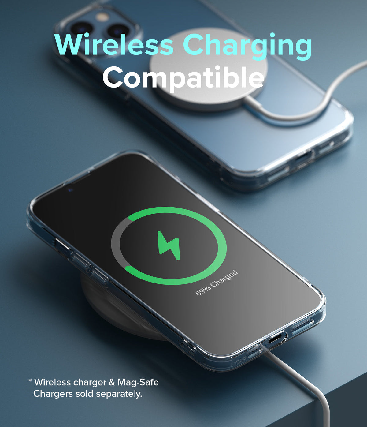 iPhone 13 Case | Fusion - Clear phone case on an iPhone 13 charging wirelessly with a MagSafe charger and charging icon.