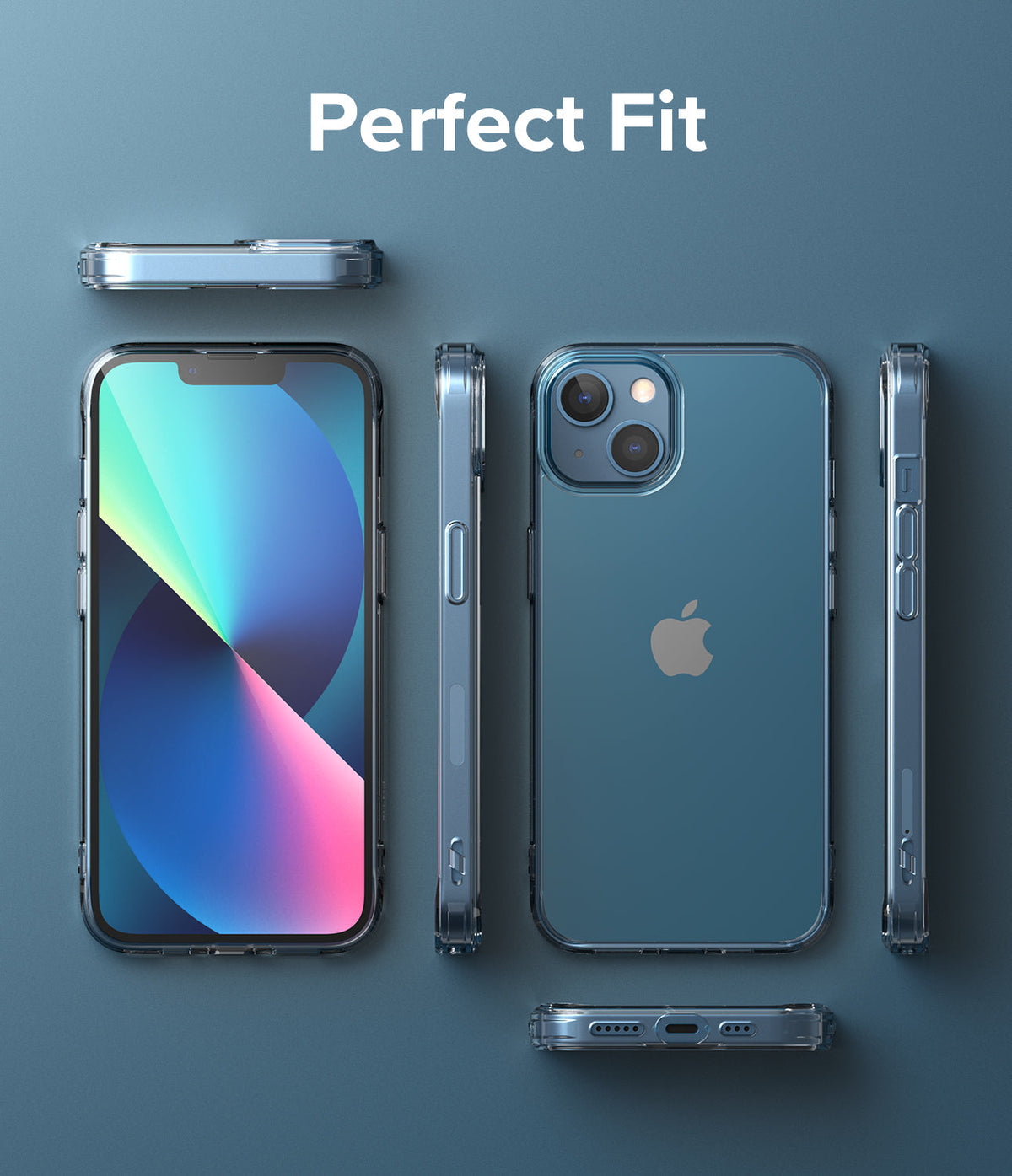 iPhone 13 Case | Fusion - Clear protective case shown from multiple angles on a blue background with the text Perfect Fit.