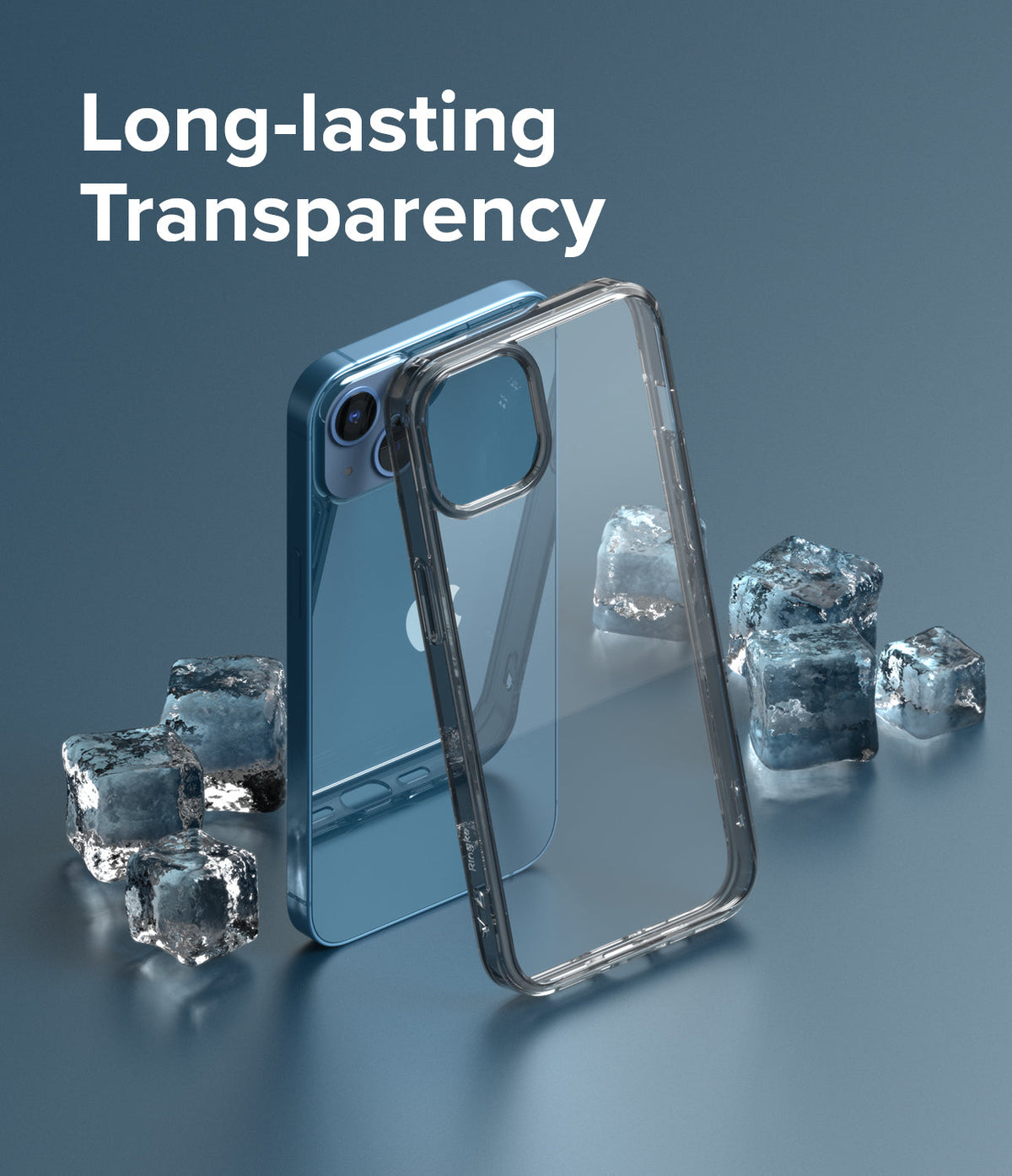 iPhone 13 Case | Fusion - Clear phone case standing next to a blue iPhone 13 surrounded by ice cubes on a blue background.