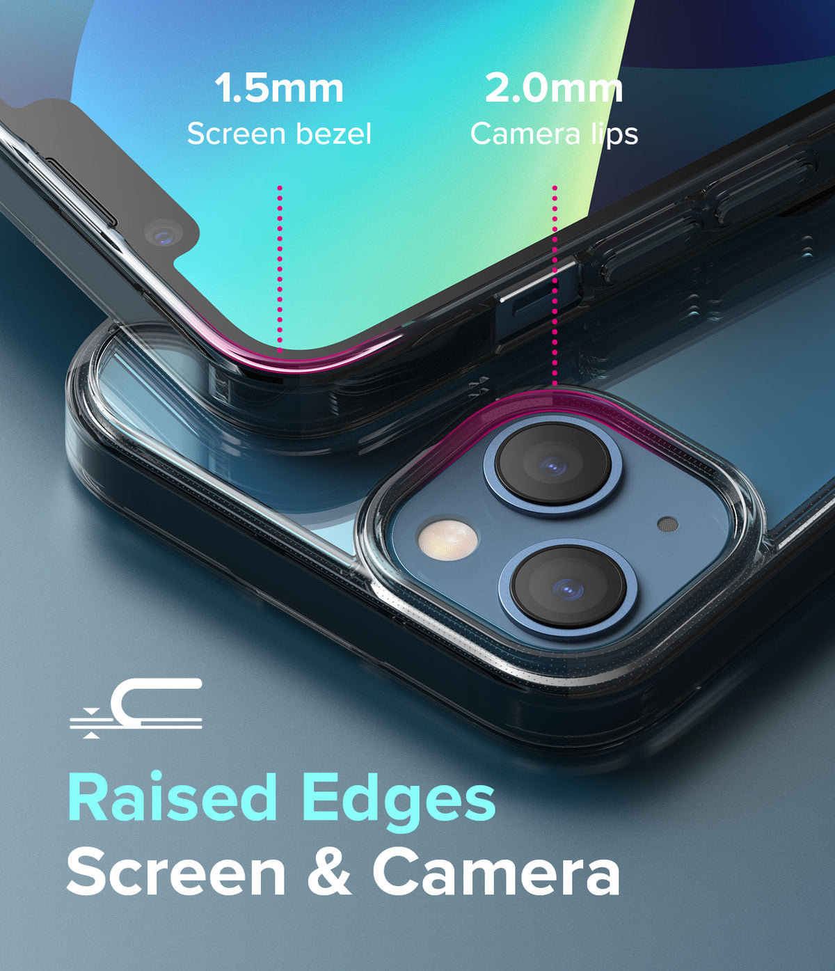 iPhone 13 Case | Fusion - Close-up showing 1.5mm screen bezel and 2.0mm camera lips on a protective phone case.