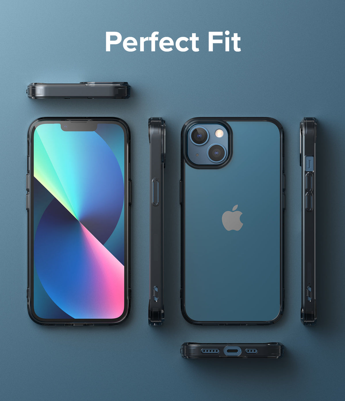 iPhone 13 Case | Fusion - Multiple views of a blue iPhone 13 in a clear protective case against a blue background.