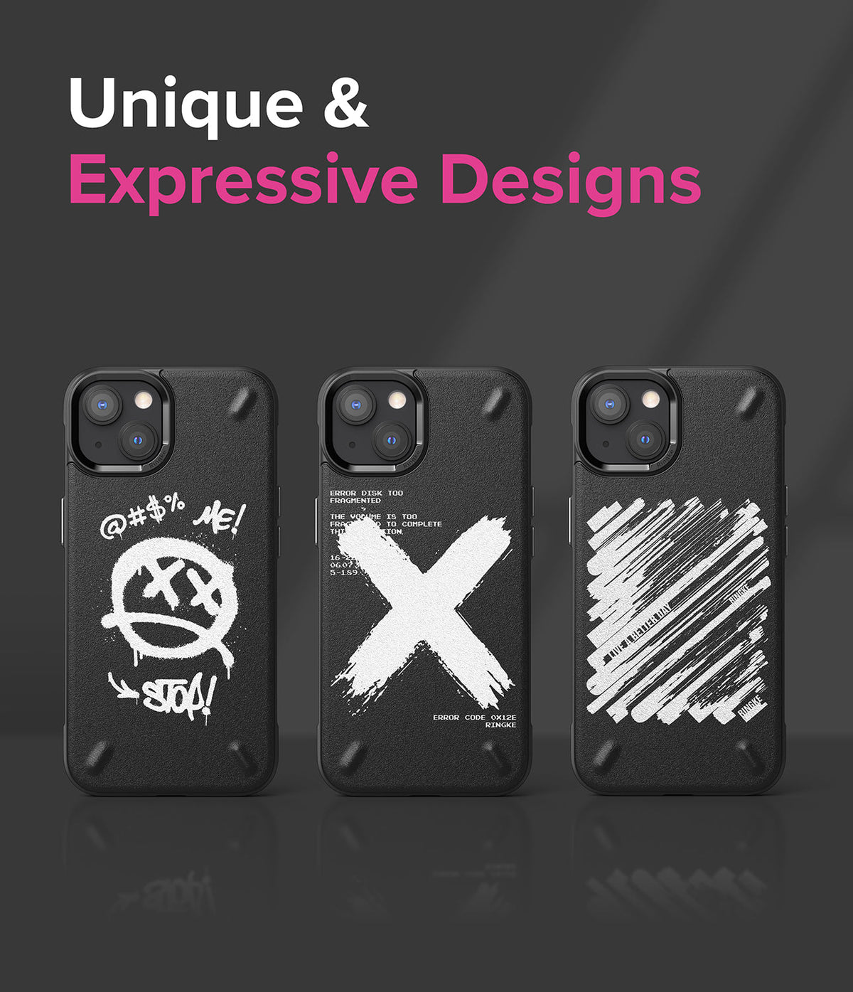 iPhone 13 Case | Onyx Design - Three black iPhone 13 cases with unique white graphic prints against a dark grey background.