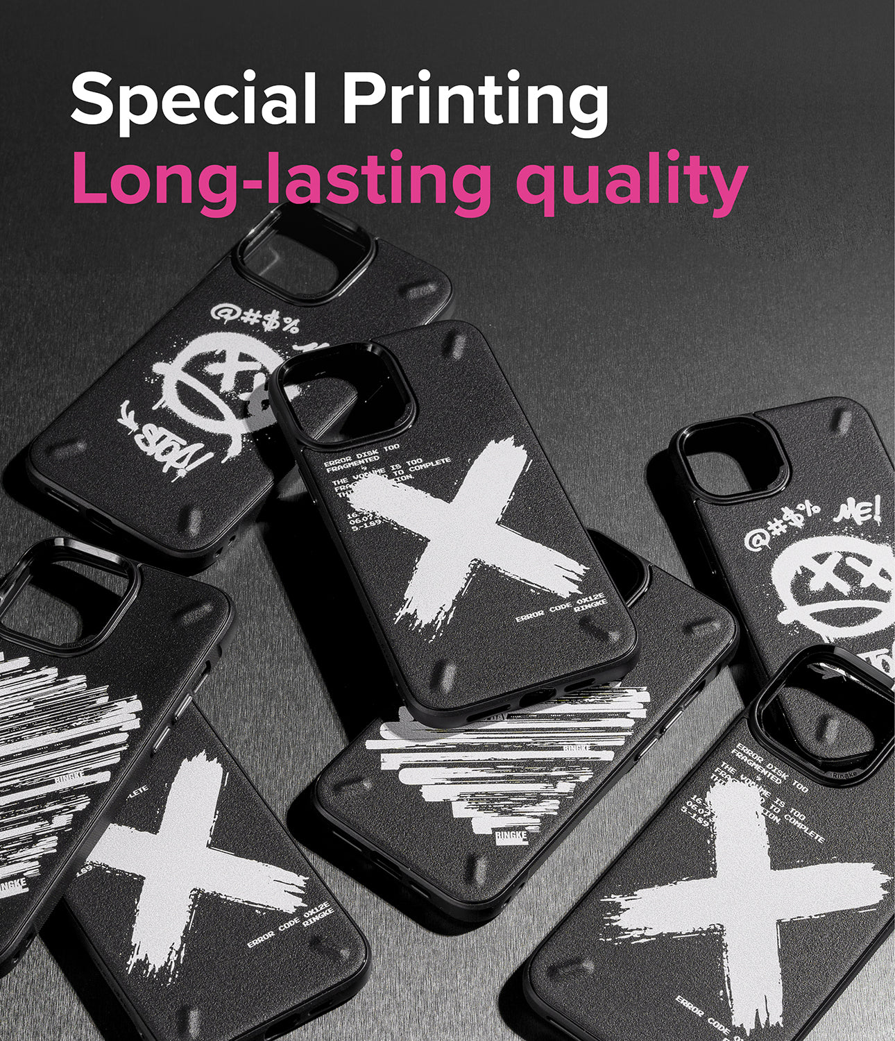 iPhone 13 Case | Onyx Design - Multiple black iPhone cases with white graffiti-style X and skull graphics on a dark background.
