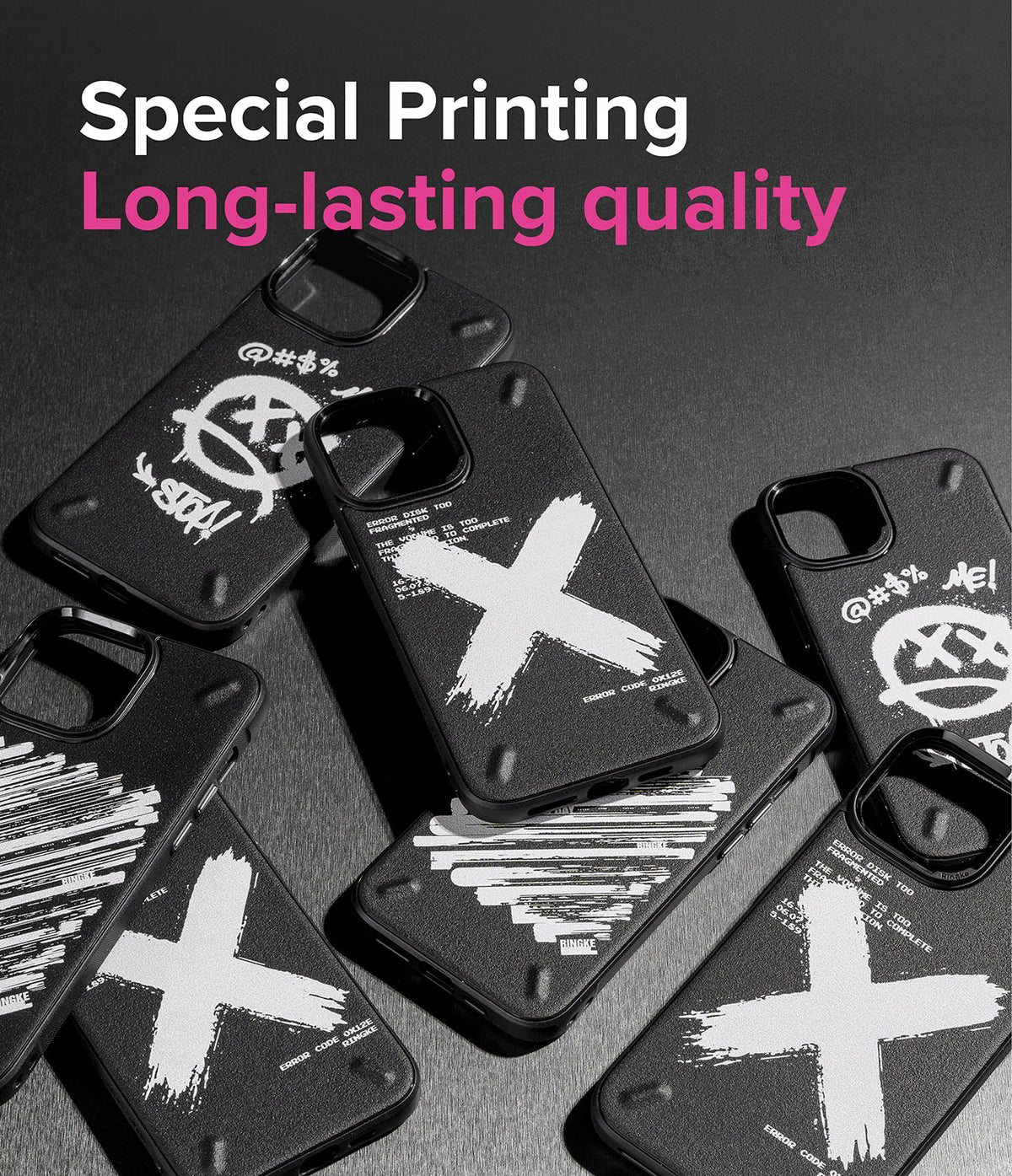 iPhone 13 Case | Onyx Design - Multiple black phone cases with white graffiti-style X and skull graphics on a dark surface.
