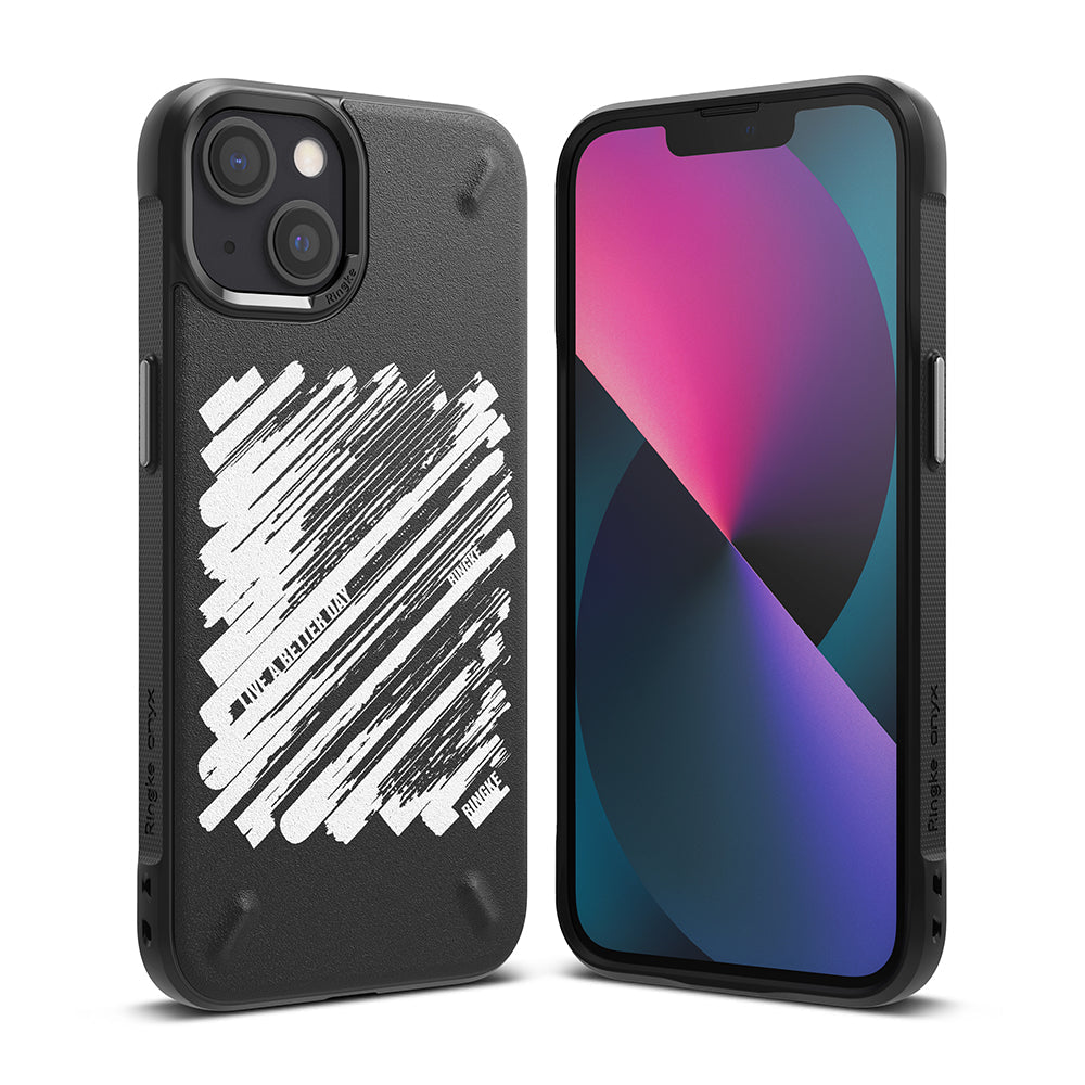 iPhone 13 Case | Onyx Design - Black phone case with white diagonal brush strokes and text on the back, shown with front view.