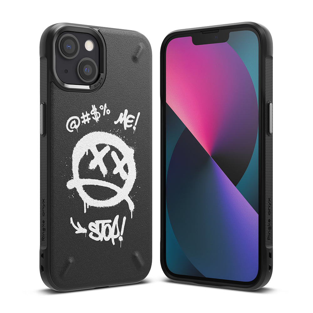 iPhone 13 Case | Onyx Design - Black phone case with white graffiti-style skull icon and text reading @#$%, ME!, and STOP!.