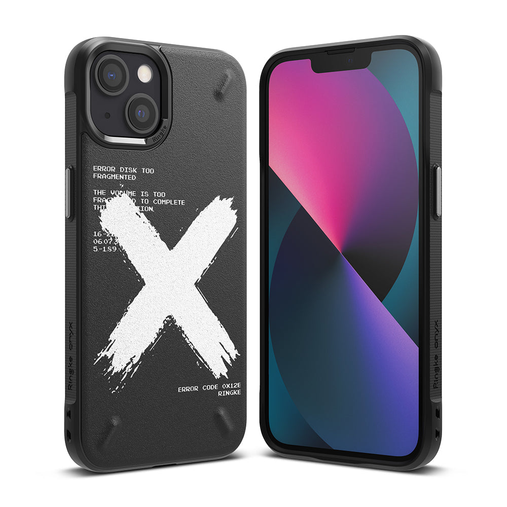 iPhone 13 Case | Onyx Design - Black phone case with white X graphic and error text, shown from front and back views.
